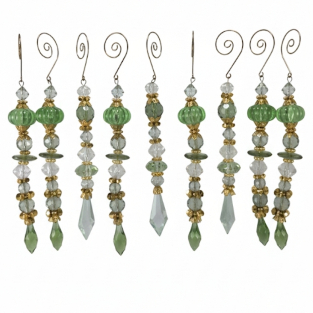 9 Vintage Green Blue Faux Crystal Beaded Ornaments, Light Catchers, Xmas, Decor